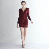 Women Elegant Sequin Long Sleeve Formal Party Mini Evening Dress