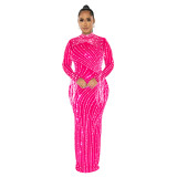 Women Mesh See-Through Beaded Long Sleeve Maxi Dress Set