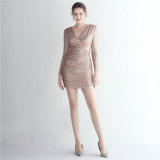 Women Elegant Sequin Long Sleeve Formal Party Mini Evening Dress