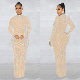 Women Mesh See-Through Beaded Long Sleeve Maxi Dress Set