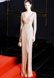 Women Elegant Long Sleeve Sequined Formal Party Maxi Mermaid Evening Dress