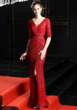 Women Elegant Long Sleeve Sequined Formal Party Maxi Mermaid Evening Dress