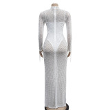 Women Mesh See-Through Beaded Long Sleeve Maxi Dress Set