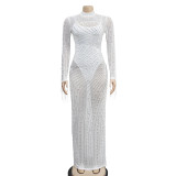 Women Mesh See-Through Beaded Long Sleeve Maxi Dress Set