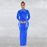 Women Mesh See-Through Beaded Long Sleeve Maxi Dress Set