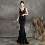 Women Elegant Appliquéd Beaded Formal Party Maxi Mermaid Evening Dress