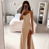 Spring Strapless Gathered Slit Satin Dress Sexy Slim Bodycon Dress