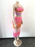 Women's Clothing Fashionable Multi-Color Colorblock Braided Beach Dress Two-Piece Set