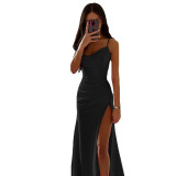 Spring Strapless Gathered Slit Satin Dress Sexy Slim Bodycon Dress