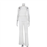 Halter Neck Sexy Sleeveless Vest White Pleated High Waist Wide Leg Pants Set Women