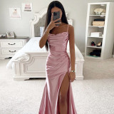 Spring Strapless Gathered Slit Satin Dress Sexy Slim Bodycon Dress