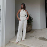 Halter Neck Sexy Sleeveless Vest White Pleated High Waist Wide Leg Pants Set Women