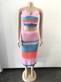 Women's Clothing Fashionable Multi-Color Colorblock Braided Beach Dress Two-Piece Set