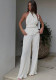 Halter Neck Sexy Sleeveless Vest White Pleated High Waist Wide Leg Pants Set Women
