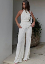 Halter Neck Sexy Sleeveless Vest White Pleated High Waist Wide Leg Pants Set Women Halter Neck Sexy Sleeveless Vest White Pleated High Waist Wide Leg Pants Set Women