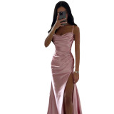 Spring Strapless Gathered Slit Satin Dress Sexy Slim Bodycon Dress