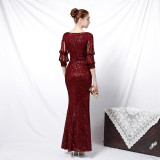 Formal Party Chic Elegant Long Half-Sleeve Sequined Queen Mermaid Evening Gown