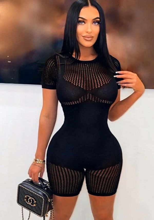 Women'S Fashion Solid Color Short Sleeve Knit Jumpsuit One-Piece Shorts