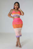 Women's Clothing Fashionable Multi-Color Colorblock Braided Beach Dress Two-Piece Set