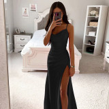 Spring Strapless Gathered Slit Satin Dress Sexy Slim Bodycon Dress