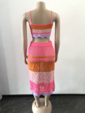 Women's Clothing Fashionable Multi-Color Colorblock Braided Beach Dress Two-Piece Set
