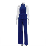 Halter Neck Sexy Sleeveless Vest White Pleated High Waist Wide Leg Pants Set Women