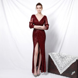 Formal Party Chic Elegant Long Half-Sleeve Sequined Queen Mermaid Evening Gown