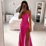 Spring Strapless Gathered Slit Satin Dress Sexy Slim Bodycon Dress