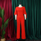 Women's Casual Set Loose Plus Size Lace-Up Top High Waist Wide Leg Pants Two-Piece Set