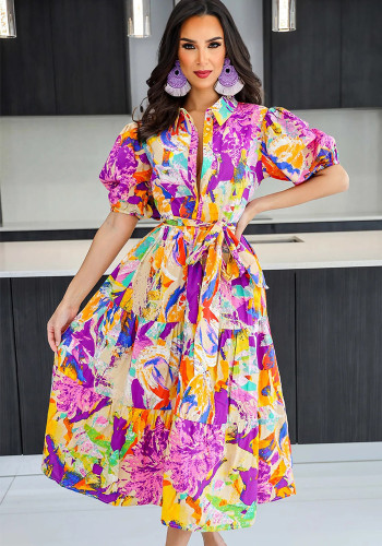 Women Chic Printed Turndown Collar Lantern Sleeve A-Line Dress