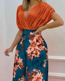 Women's Spring Summer Solid Bat Sleeves Top Print Wide Leg Pants Two-Piece Set
