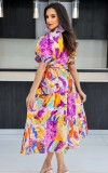 Women Chic Printed Turndown Collar Lantern Sleeve A-Line Dress