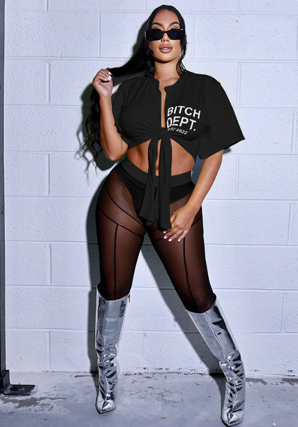 Fashion Sexy Lace-Up T-Shirt Mesh Pants Two-Piece Set