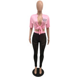 Fashion Sexy Lace-Up T-Shirt Mesh Pants Two-Piece Set