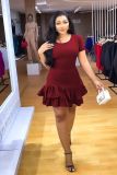 Solid Color Short Sleeve Back Lace-Up Chic Slim Ruffle Summer Dress