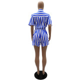 Striped Turndown Collar Long Sleeve Shirt Elastic Waist Shorts Set Two-Piece Set