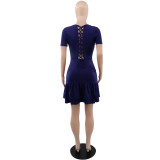 Solid Color Short Sleeve Back Lace-Up Chic Slim Ruffle Summer Dress