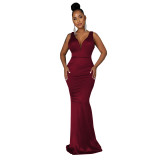 Sexy Fashion Deep V Neck Sleeveless Mermaid Gown Women's Solid Color Evening Dress