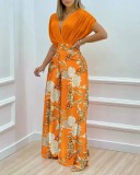 Women's Spring Summer Solid Bat Sleeves Top Print Wide Leg Pants Two-Piece Set