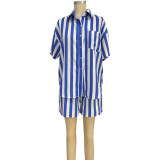 Striped Turndown Collar Long Sleeve Shirt Elastic Waist Shorts Set Two-Piece Set
