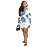 Printed Long Sleeve Shirt Shorts Spring Summer Casual Set Career Women's Two-Piece Set