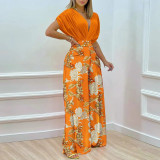 Women's Spring Summer Solid Bat Sleeves Top Print Wide Leg Pants Two-Piece Set