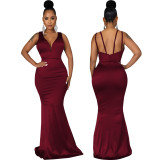 Sexy Fashion Deep V Neck Sleeveless Mermaid Gown Women's Solid Color Evening Dress