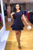 Solid Color Short Sleeve Back Lace-Up Chic Slim Ruffle Summer Dress