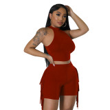 Women Sleeveless Round Neck Top and Tassel Shorts Casual Two-Piece Set