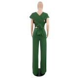 Women Solid V-neck Slim Short Sleeve Jumpsuit