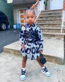 Girls Vertical Striped Letter Shirt+Pu Leather Vest Two-Piece Set