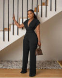 Women Solid V-neck Slim Short Sleeve Jumpsuit