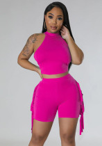Women Sleeveless Round Neck Top and Tassel Shorts Casual Two-Piece Set Women Sleeveless Round Neck Top and Tassel Shorts Casual Two-Piece Set