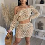 Women Summer Knitting Hollow Lace-Up Beach Skirt Two-Piece Set